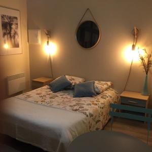 索米尔Chambre dans dépendance Maison de Ville + abri vélos的一间卧室配有一张带两个枕头的床