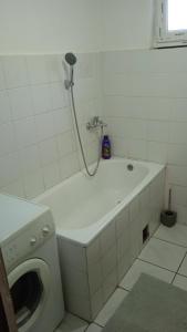 特雷比涅MD的带浴缸和洗衣机的浴室。