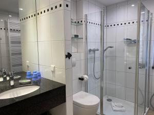 赛巴特班森Schloonseevillen - FeWo 13的带淋浴、卫生间和盥洗盆的浴室