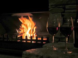 特卡波湖Lake Lodge - Lake Tekapo的壁炉前的两杯红葡萄酒