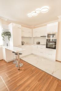 普罗夫迪夫Etica Apartments的厨房铺有木地板,配有白色橱柜。