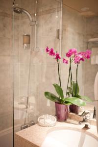 巴黎圣安妮卢浮宫酒店的浴室水槽上的一个粉红色花瓶