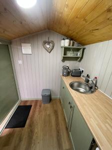惠特比Oakley View Shepherds Hut with hot tub的一个小房子里一个带水槽的厨房