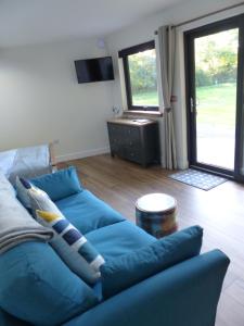 格拉斯顿伯里Conkers - a new bespoke rural escape near Glastonbury的客厅配有蓝色的沙发和电视