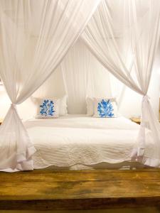 托兰克索Pousada Villa dos Corais的卧室配有白色床和白色窗帘