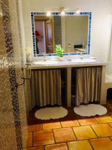 圣马丹韦叙比耶Rez de jardin de chalet bois , calme et verdure !的一间带两个盥洗盆和大镜子的浴室