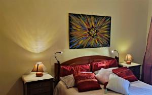 法亚·达·奥韦利亚Madeira Native Motion Guest House的一间卧室配有一张带红色枕头的床,墙上挂着一幅画