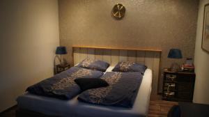 法尔肯堡Ferrum Ferrum的一间卧室配有一张带枕头的床和墙上的时钟