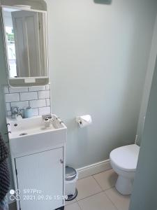 韦斯特波特Pier Road Cottage, Croagh Patrick的白色的浴室设有卫生间和水槽。
