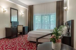 博托沙尼Rediu Hotel & Restaurant的配有一张床和一张书桌的酒店客房