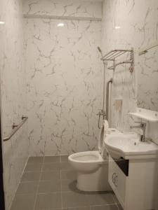 桑托斯将军城AB Star Suites的白色的浴室设有卫生间和水槽。
