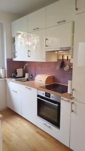 多瑙河畔克雷姆斯Blick über Krems mit Gartenpavillon的厨房配有白色橱柜和炉灶烤箱。