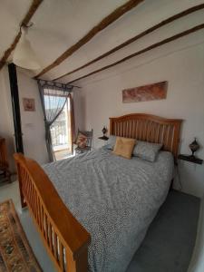 HinojaresCasa De Juanita Vivienda Rural的一间卧室配有一张大床和木制床头板