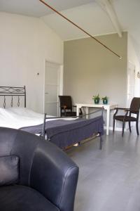 赫鲁斯贝克Huisje en B&B Green Cottage的一间卧室配有一张床、一张沙发和一张桌子