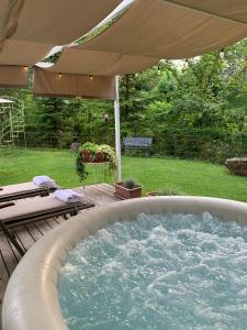 菲诺德尔德尔蒙特花园酒店的后院的热水浴池,配有遮阳伞