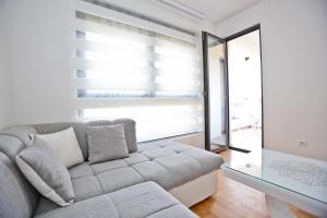 巴尔Lux Stanovi Vucetic的带沙发和大窗户的客厅