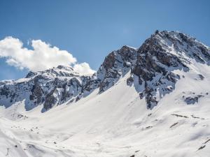 蒂涅Magnifique Duplex Oneigedor Départ ski aux pieds et vue montagne的白雪覆盖的山,蓝天