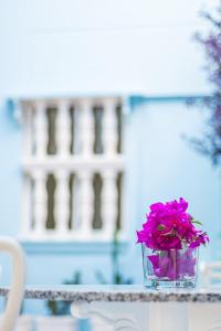 卡塔赫纳San Felicin Hostel的花瓶里满是粉红色的花朵,坐在桌子上
