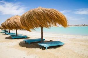 拉斯苏德尔Green Sudr Resort的海滩上一排带遮阳伞的蓝色长椅