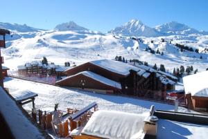 La Plagne TarentaiseBelle Plagne appartement pour 5 personnes的雪覆盖的山,上面有滑雪小屋