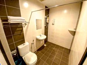 马六甲Queenspark Lovita Hotel的一间带卫生间和水槽的小浴室
