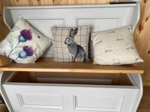 珀斯Remarkable Shepherds Hut in a Beautiful Location的一个带枕头的架子和一只兔子坐在架子上