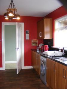 LennoxtownDingieshowe Cottage的一间带红色墙壁和洗衣机的厨房