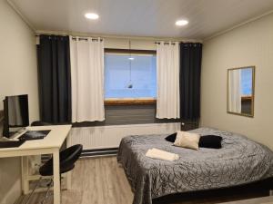 萨斯塔马拉Ellivuori Resort的一间卧室配有一张床、一张书桌和一个窗户。