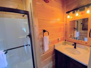 CarrollB1 NEW Awesome Tiny Home with AC Mountain Views Minutes to Skiing Hiking Attractions的一间带水槽和镜子的浴室