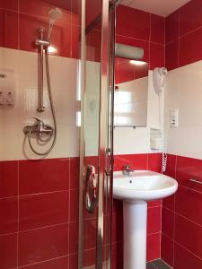 滨海托萨Mana Mana Youth Hostel的红色的浴室设有水槽和淋浴