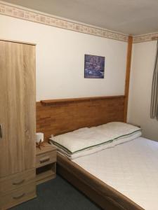 Dolni Dvur霍尼拉诺夫小屋酒店的一间卧室配有一张床和一个木制床头板