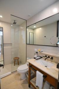 坎昆Mex Hoteles的一间带卫生间、水槽和镜子的浴室