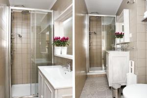 里斯本鲜花住宿加早餐旅馆的浴室的两张照片,配有水槽和淋浴