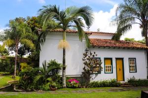 圣丽塔-杜萨普卡伊Pousada do Barão的前面有棕榈树的白色房子