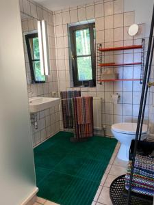 林茨Jules&Jim Gästehaus的一间带卫生间的浴室,铺有绿色地板。