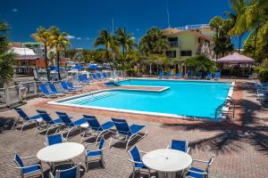 基拉戈玛丽娜戴尔玛度假酒店的一个带蓝色桌椅的游泳池,并种植了棕榈树