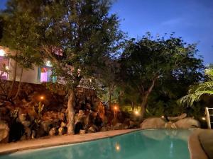 侯斯普瑞特The Wild Blue Lodge SAFARI & SPA的一群人晚上站在游泳池周围