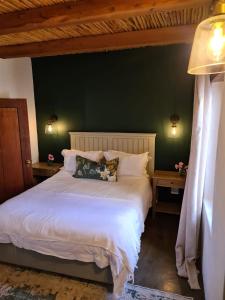 惠灵顿Vineyard Cottage at Bosman Wines的一间卧室配有一张白色的床和绿色的墙壁