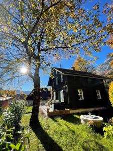 格伦德尔湖s´Manz的一间黑色的房子,有棵树,在草地上设有一个厕所