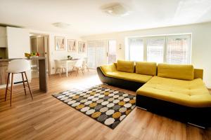 波杰布拉迪Apartmán u Jiříka的客厅配有沙发和格子地毯
