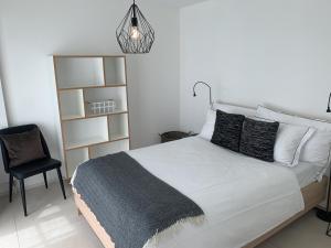 苏黎世苏黎世捏德多夫格罗斯公寓的卧室配有一张带黑色毯子和椅子的白色床。
