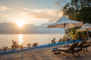 吉汶瓦Moja Tuu The Luxury villas & Nature Retreat的海滩上设有两把椅子和一把遮阳伞,大海上设有