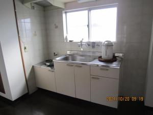 德岛Orita Building 4B的一个带水槽和窗户的小厨房