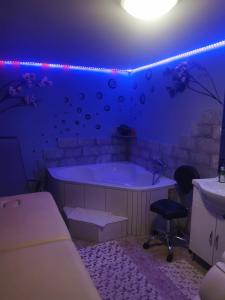 森克Apartma AJJA的紫色的客房设有浴缸和水槽