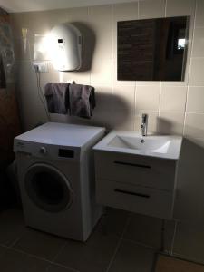 普隆比埃莱班Gîte à broc à 5 minutes de Plombières les Bains的一间带洗衣机和水槽的浴室