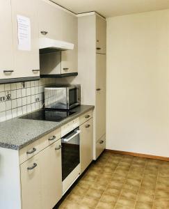 因特拉肯因特拉肯琳达酒店的厨房配有白色橱柜和微波炉