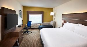 萨尼亚Holiday Inn Express - Sarnia - Point Edward, an IHG Hotel的酒店客房配有一张床和一张书桌及一台电视