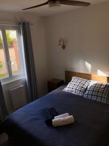 罗塞姆Au repos des vignes, chambres d'hôtes的一间卧室配有一张带蓝色毯子的床和窗户。
