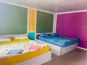 柴老海滩部恩南华度假酒店的色彩缤纷的客房内的两张床