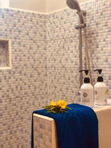 马特姆维Mambo Paradise的浴室设有一张带两瓶肥皂的蓝色桌子